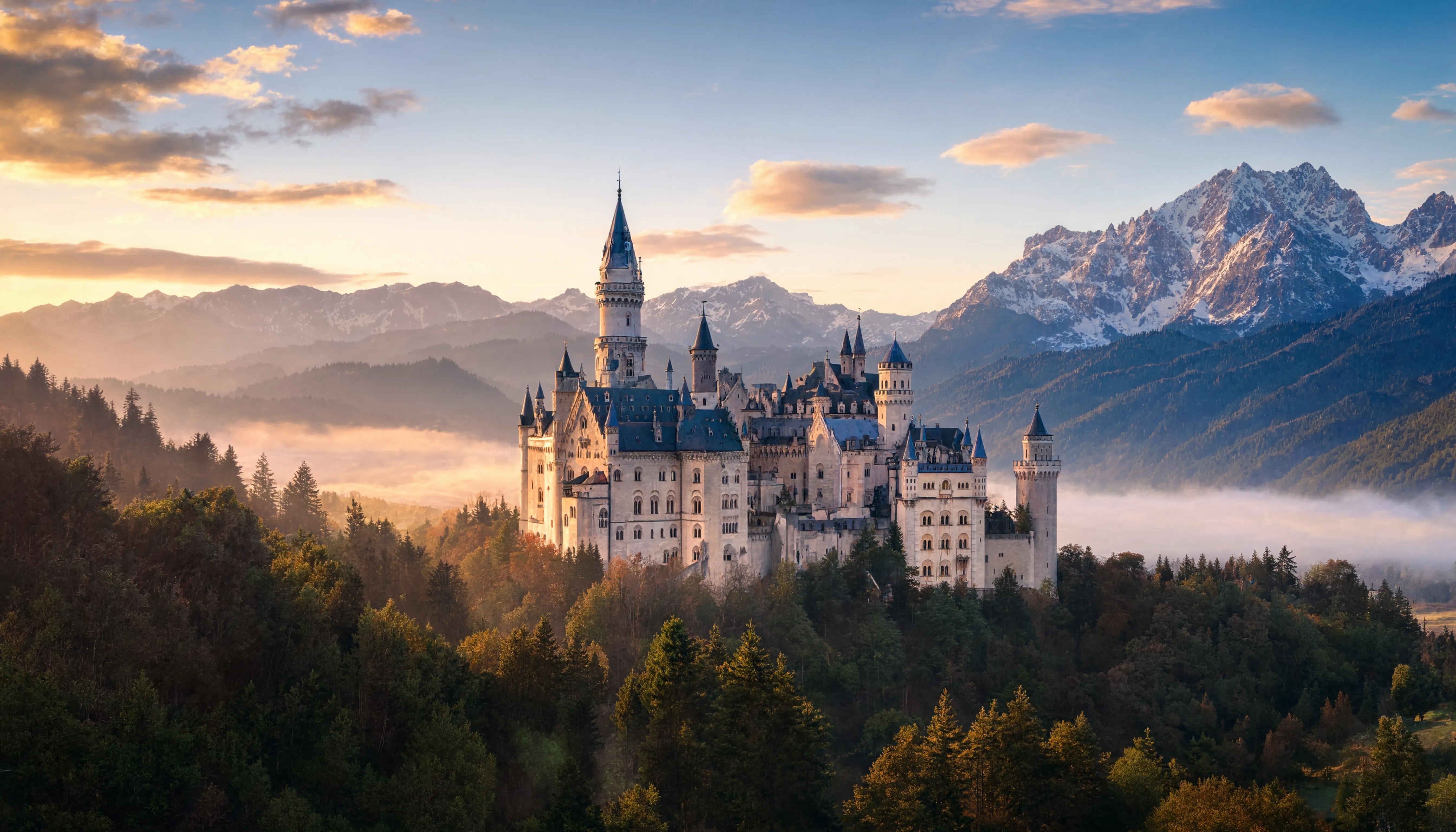 Neuschwanstein Schloss im Morgennebel, Bayerische Alpen